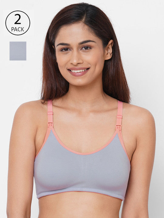 Inner Sense Pack of 2 Grey & Peach-Coloured Solid Padded Maternity Bra