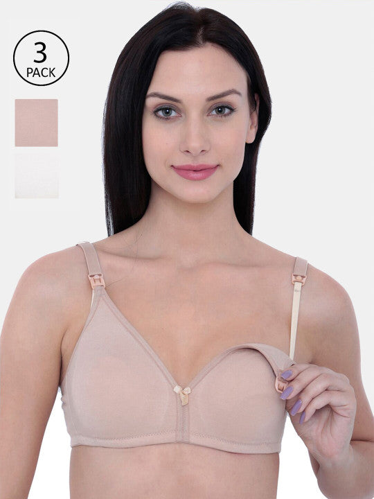 Inner Sense Beige & White Solid Non-Wired Non Padded Maternity Bra