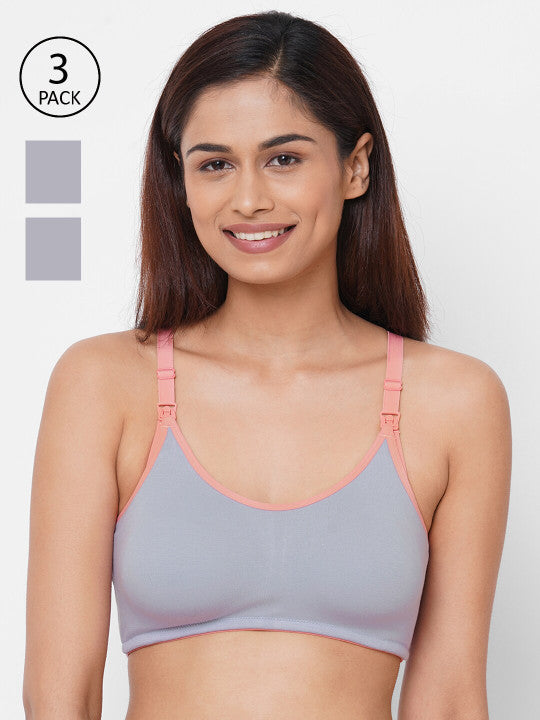 Inner Sense Pack Of 3 Grey Solid Non-Wired Non Padded Maternity Bra