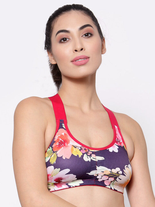 Inner Sense Purple & Red Floral Antimicrobial Workout Bra