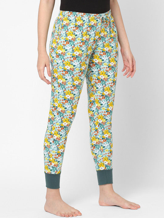 Women Blue Floral Print Organic Cotton Lounge Pants