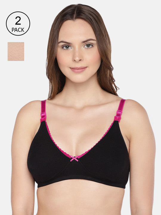 Inner Sense Pack of 2 Black & Beige Solid Non-Wired Non Padded Maternity Bra