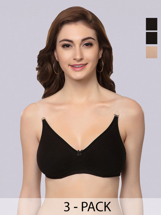 Inner Sense Nude-Coloured & Black Set of 3 Solid T-shirt Bra ISB100-Black_Black_Skin