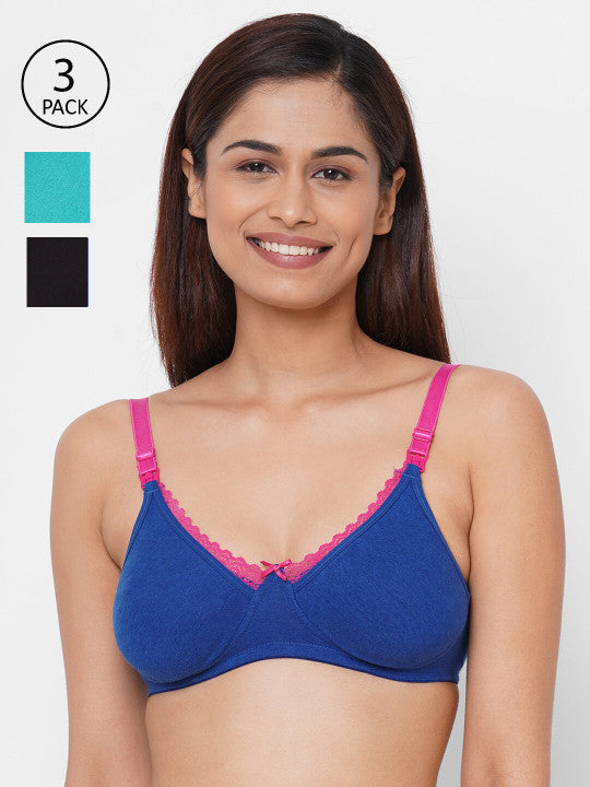 Inner Sense Black & Blue Solid Non-Wired Non Padded Set of 3 Maternity Bra