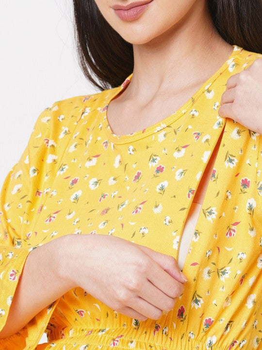 Floral Printed Bell Sleeves Organic Cotton Maternity Fit & Flare Maxi Dress