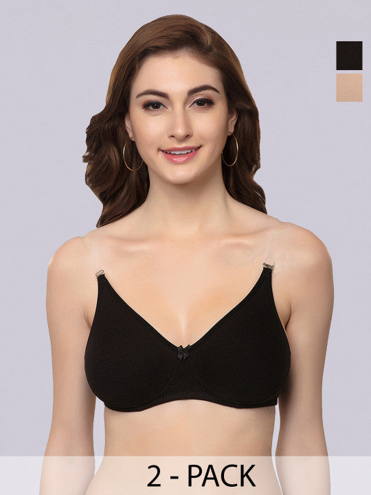 Pack Of 2 Black & Beige T-shirt Bra Full Coverage ISB100-Black_Skin