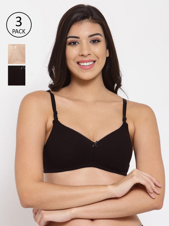 Inner Sense Pack of 3 Black & Beige T-shirt Bra - Full Coverage Lightly Padded