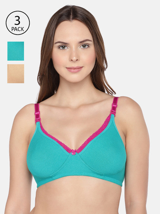 Inner Sense Pack of 3 Blue & Beige Solid Non-Wired Non-Padded Bra