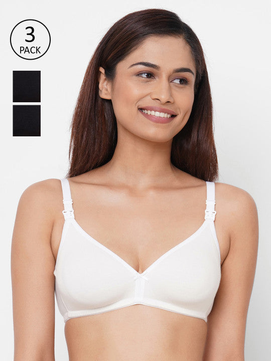 Inner Sense White & Black Solid Non-Wired Non Padded Pack of 3 Maternity Bra