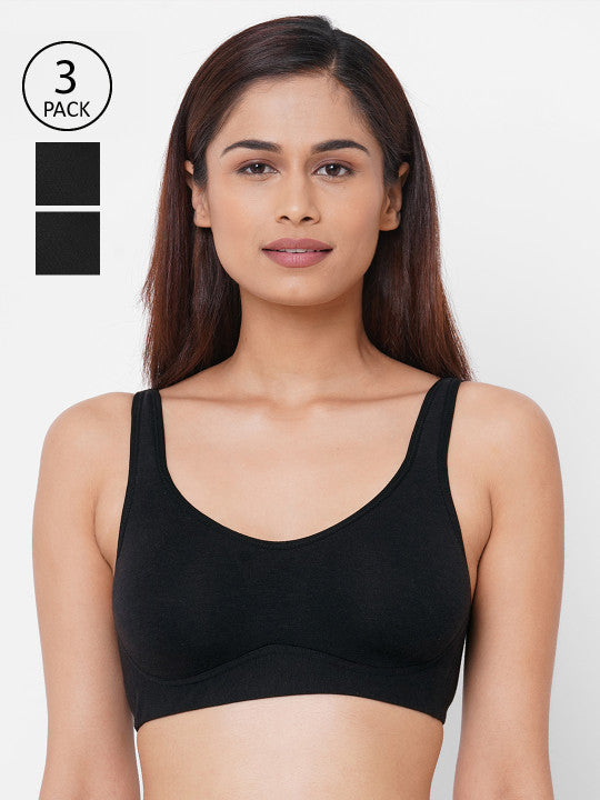 Inner Sense Pack Of 3 Black Solid Organic Antimicrobial Non-Wired Non-Padded Everyday Bras