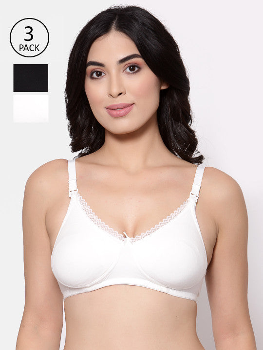Inner Sense Black & White Solid Non-Wired Non Padded Maternity Bra Pack of 3