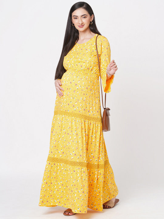 Floral Printed Bell Sleeves Organic Cotton Maternity Fit & Flare Maxi Dress