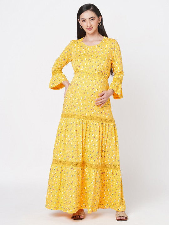 Floral Printed Bell Sleeves Organic Cotton Maternity Fit & Flare Maxi Dress