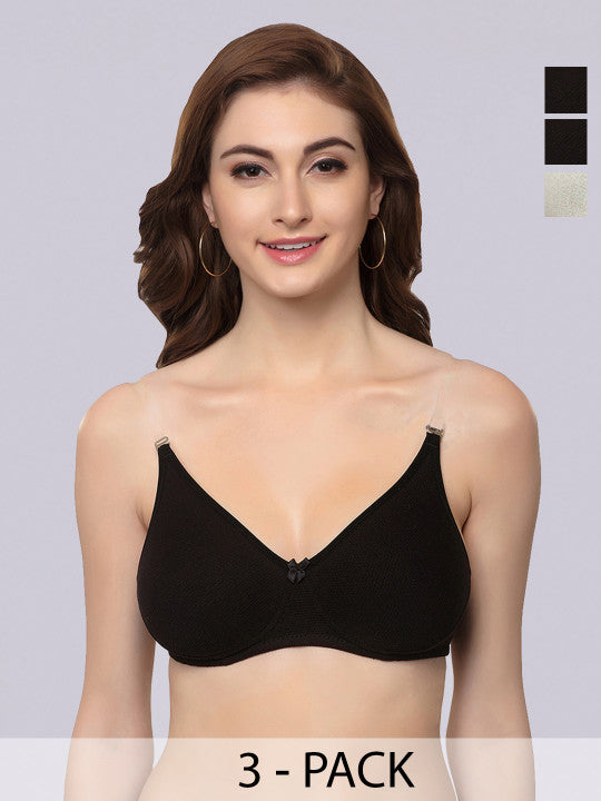 Inner Sense Black & White Set of 3 Solid T-shirt Bra ISB100-Black_Black_White