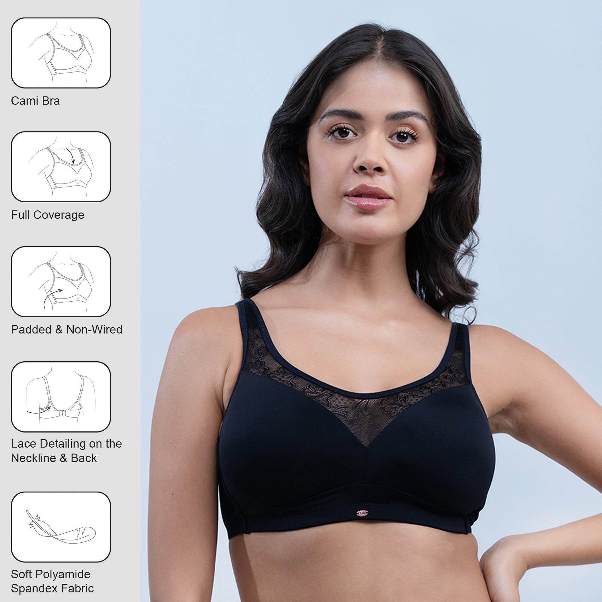 Luxe Comfort: Full Coverage Padded Non-Wired Bra with Elegant Lace Detailing
