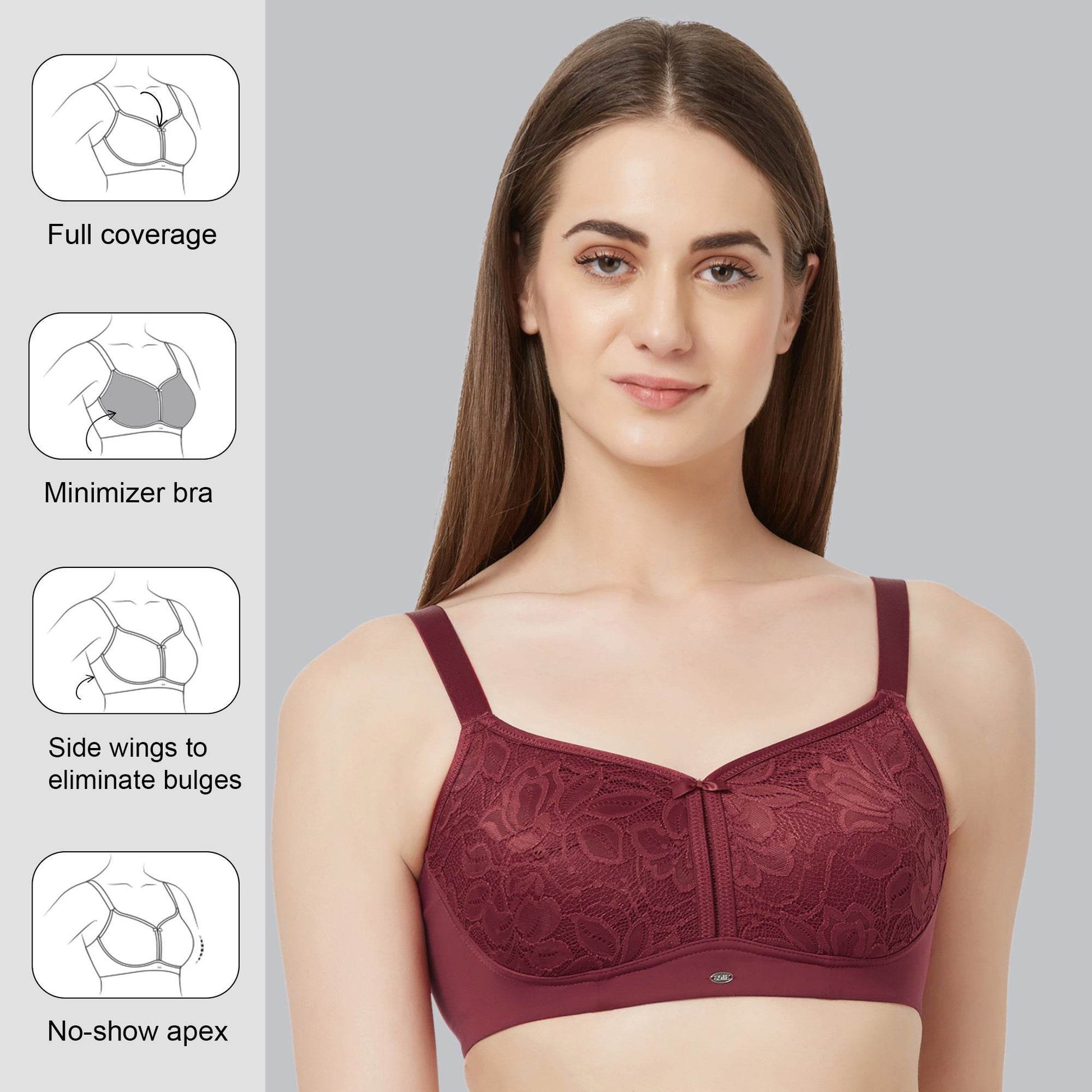 SOIE Women's Non-Padded, Non-Wired Full Coverage Minimizer Lace Bra - Ultimate Comfort and Support