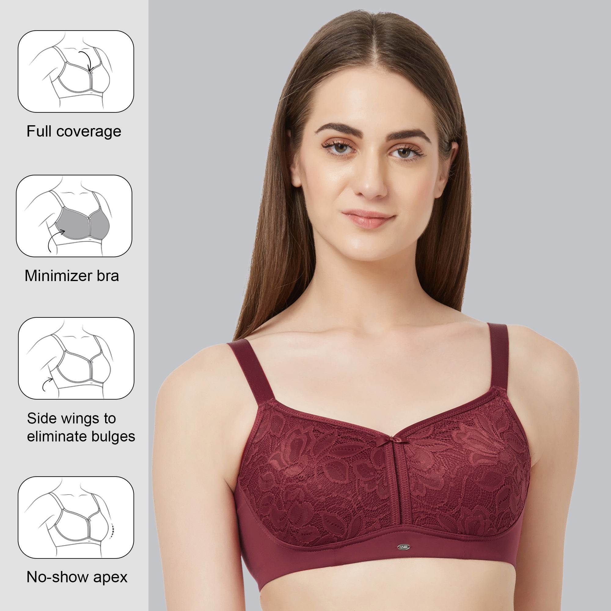 SOIE Women's Non-Padded, Non-Wired Full Coverage Minimizer Lace Bra - Ultimate Comfort and Support