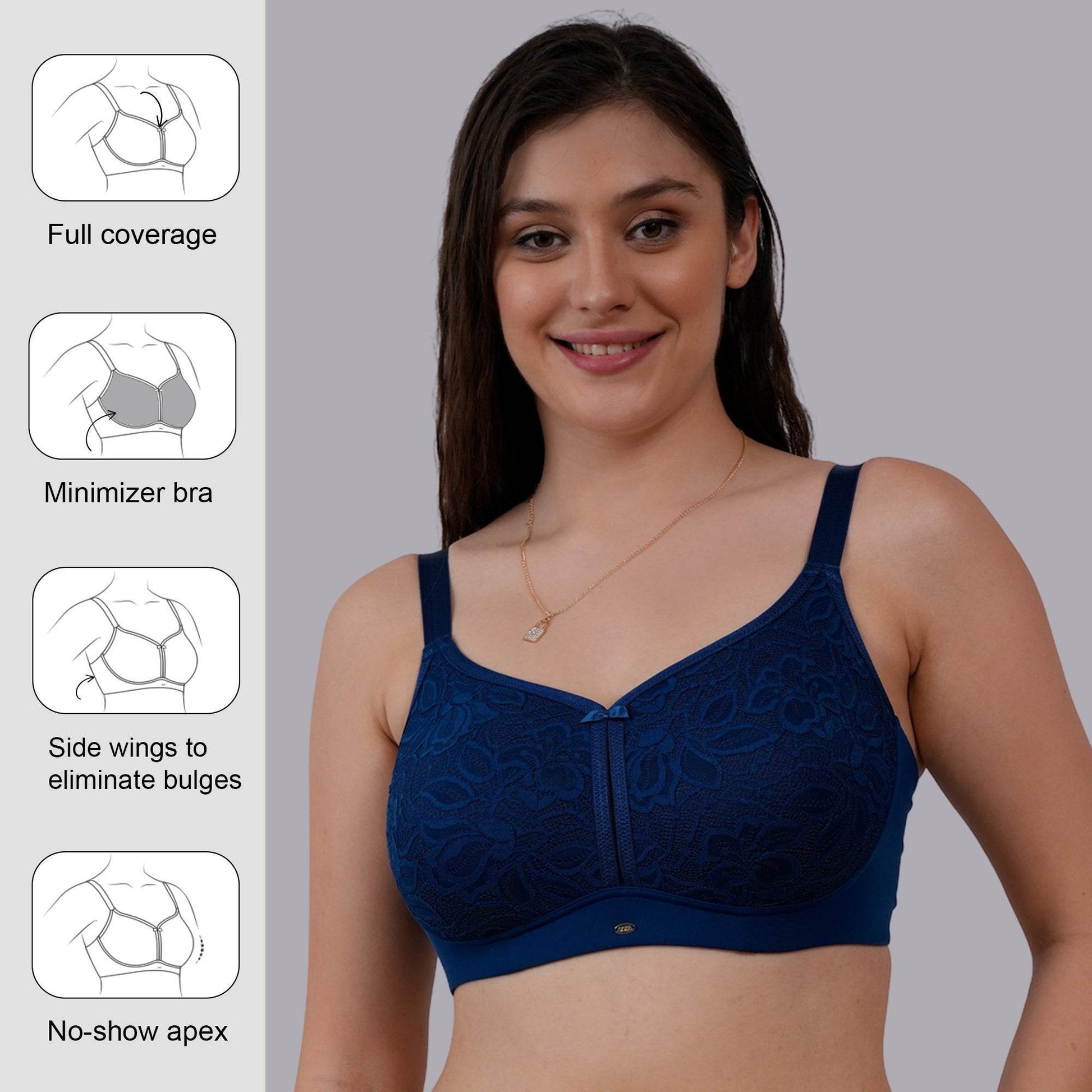 SOIE Women's Non-Padded, Non-Wired Full Coverage Minimizer Lace Bra - Ultimate Comfort & Support