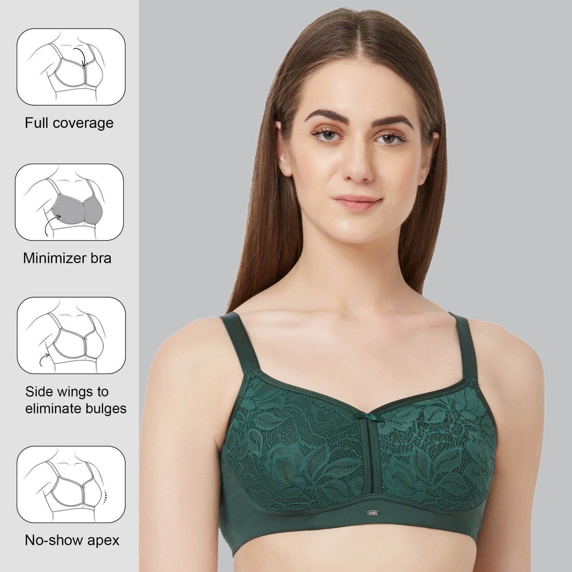 Experience Ultimate Comfort and Support with SOIE's Non-Padded, Non-Wired Full Coverage Minimizer Lace Bra