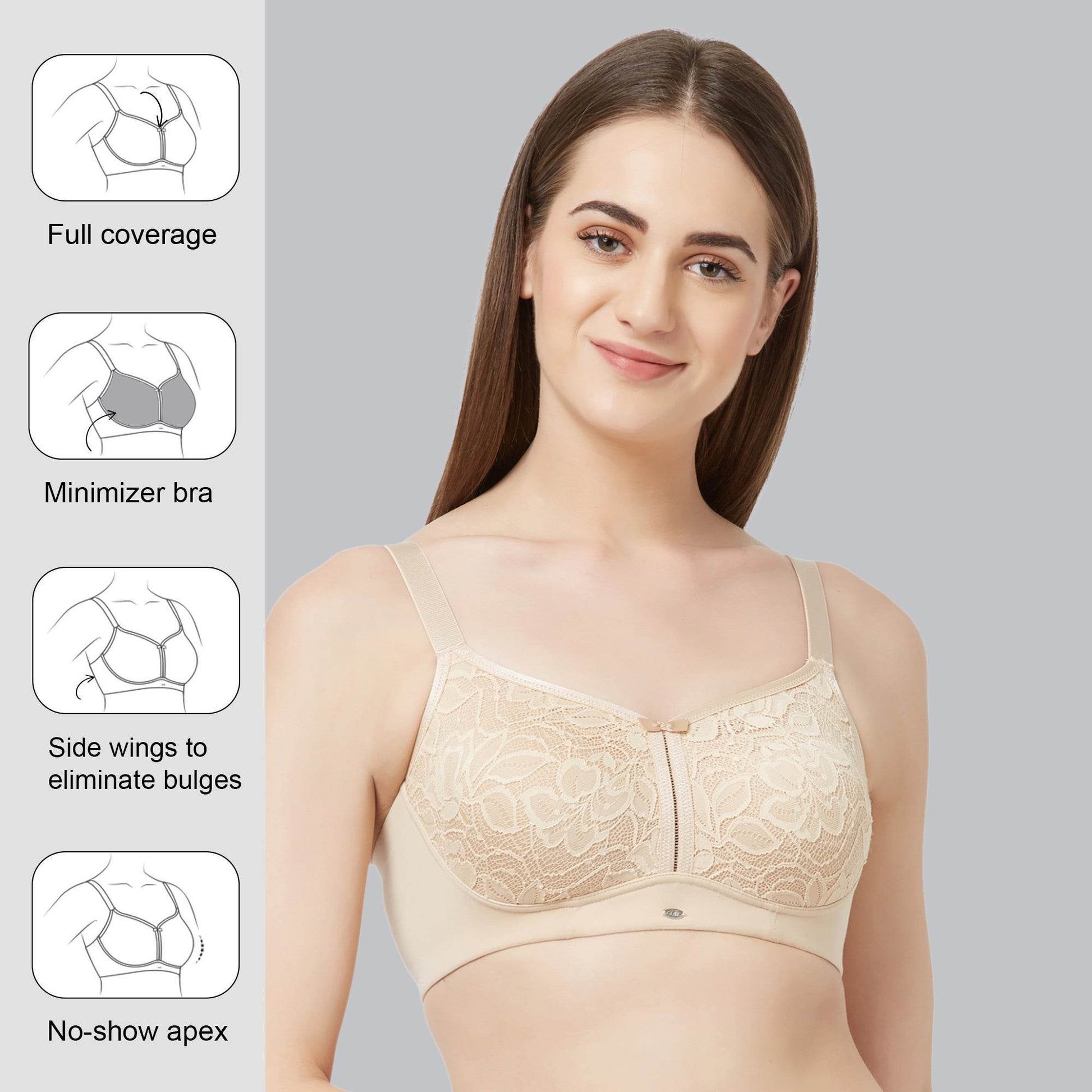 Elegant Non-Padded, Non-Wired Full Coverage Minimizer Lace Bra for Ultimate Comfort & Support