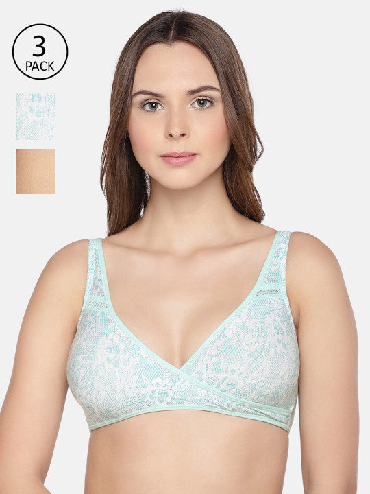Inner Sense Beige & Sea Green Solid Non-Wired Non Padded Set of 3 Maternity Bra