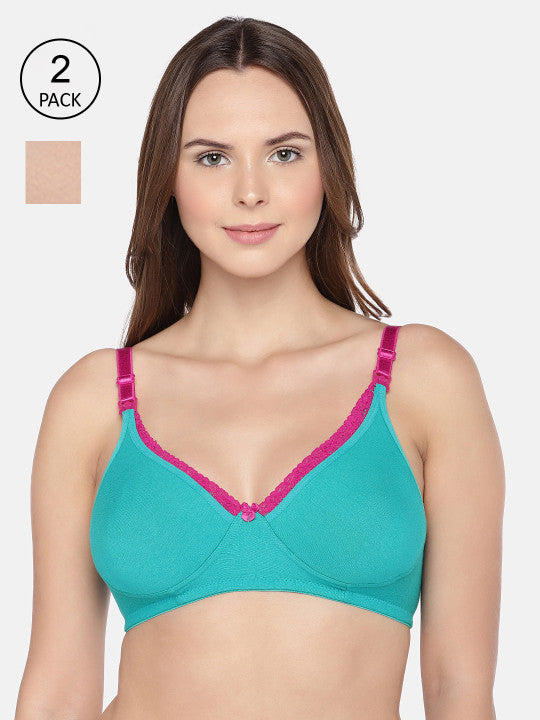 Inner Sense Pack of 2 Sea Green & Nude-Coloured Solid Non-Wired Non Padded Maternity Bra