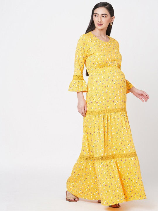 Floral Printed Bell Sleeves Organic Cotton Maternity Fit & Flare Maxi Dress