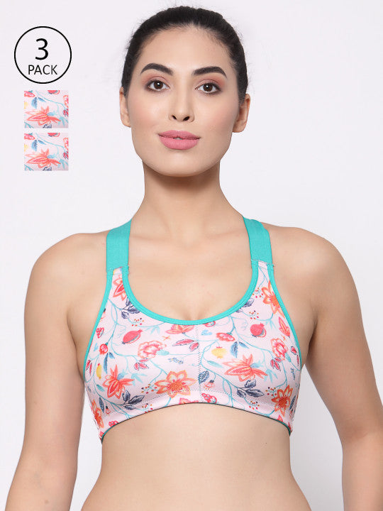 Inner Sense Pack of 3 Floral Workout Bra Lightly Padded