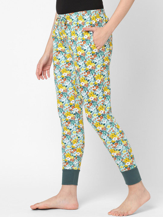 Women Blue Floral Print Organic Cotton Lounge Pants