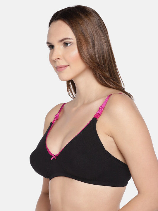 Inner Sense Black Organic Cotton Antimicrobial Laced Soft Nursing Bra with an extender