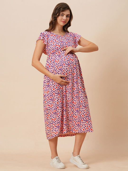Inner Sense Women Floral Printed Organic Cotton Maternity Round Neck Maxi Dress